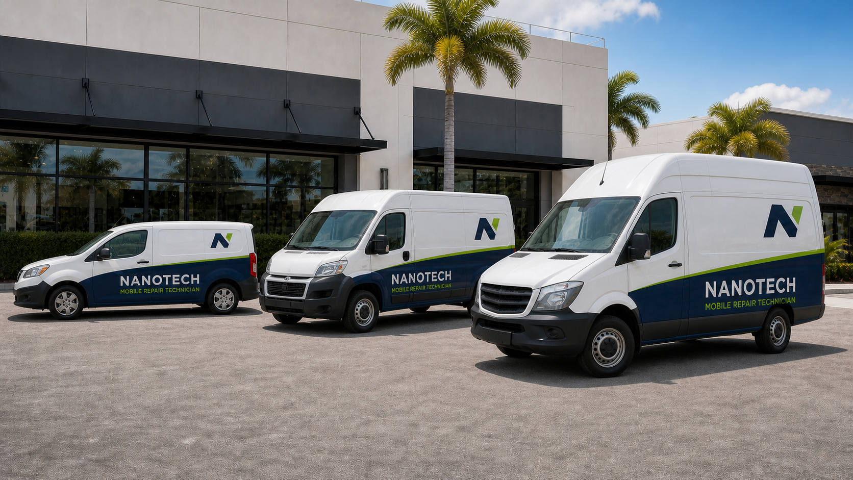 Three matching compact Nanotech mobile repair vans