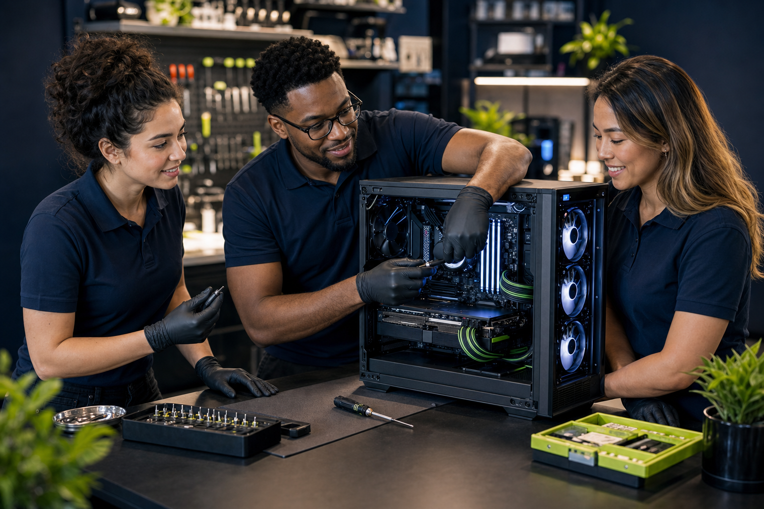 Nanotech technicians upgrading an open gaming desktop