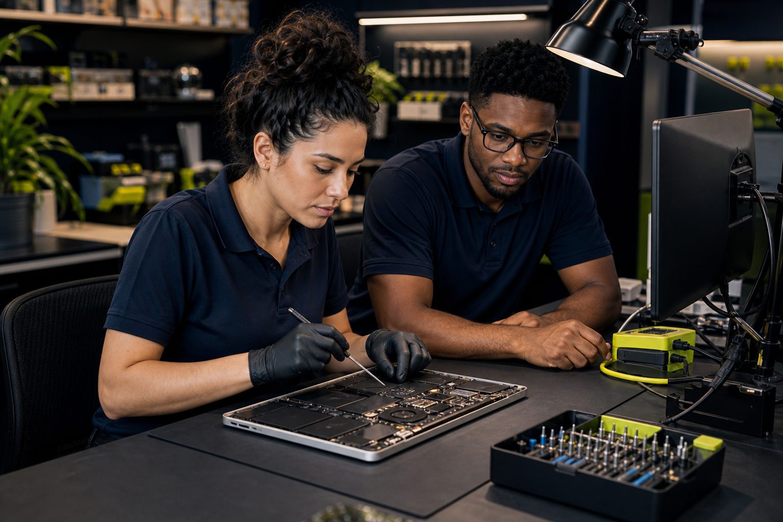 Nanotech technicians repairing an open laptop