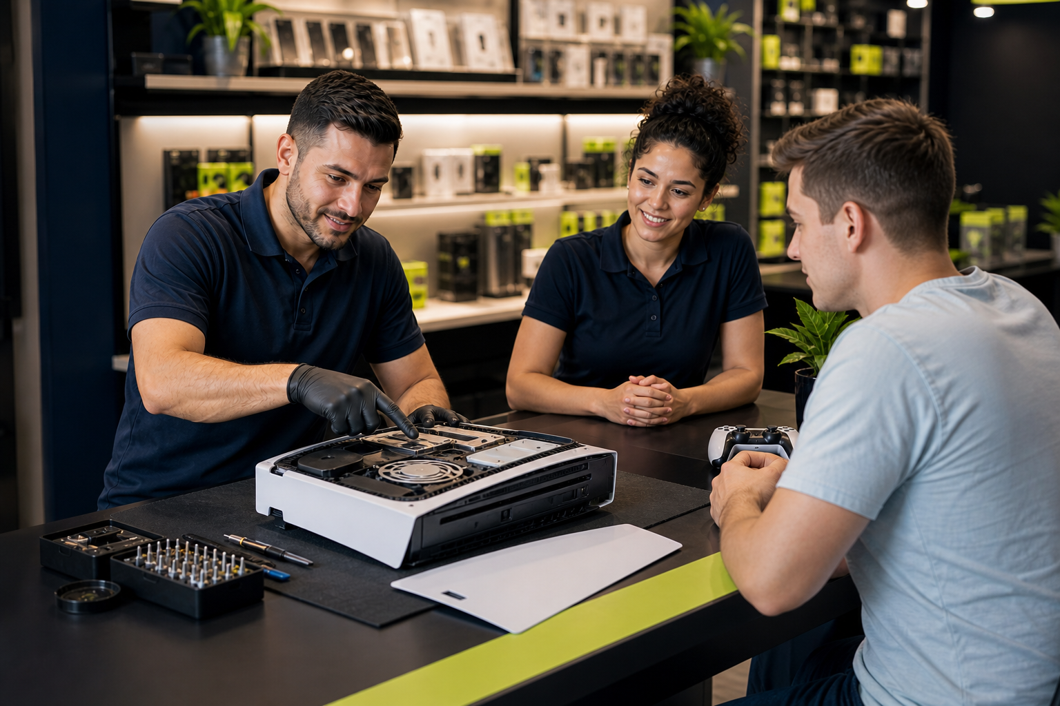 Nanotech technicians showing a customer a PlayStation 5 repair